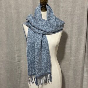 Gorgeous Floral Scroll Printed Scarf-Blue-Twisted Fringe-EUC
